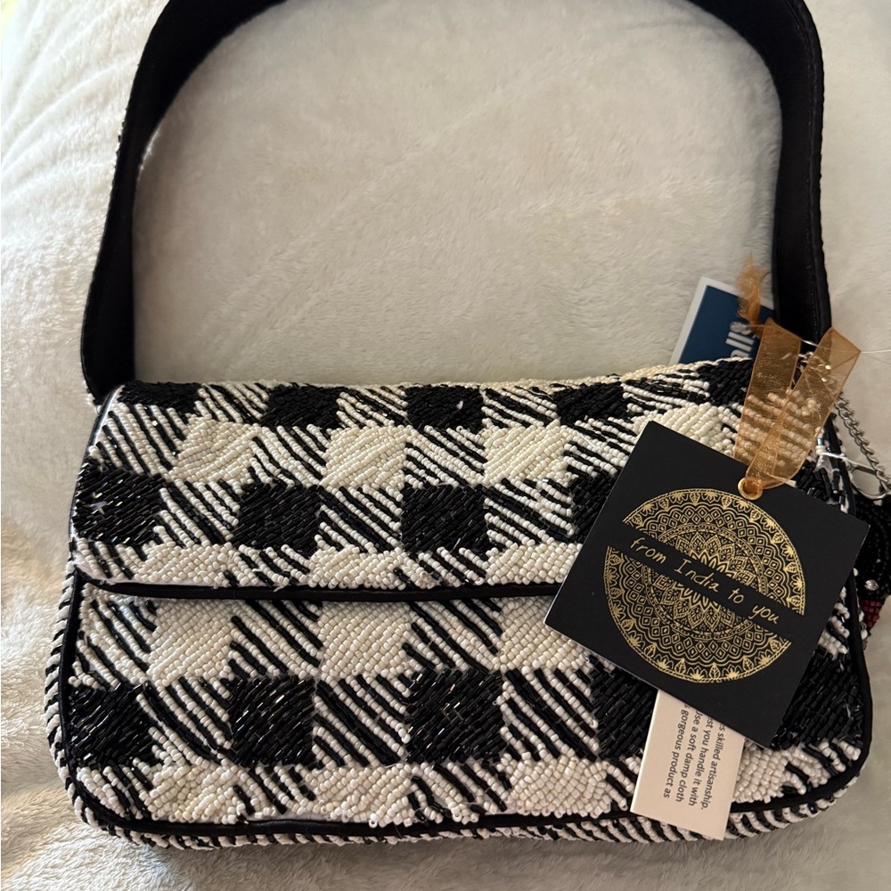 Chic Black and White Beaded Shoulder Bag